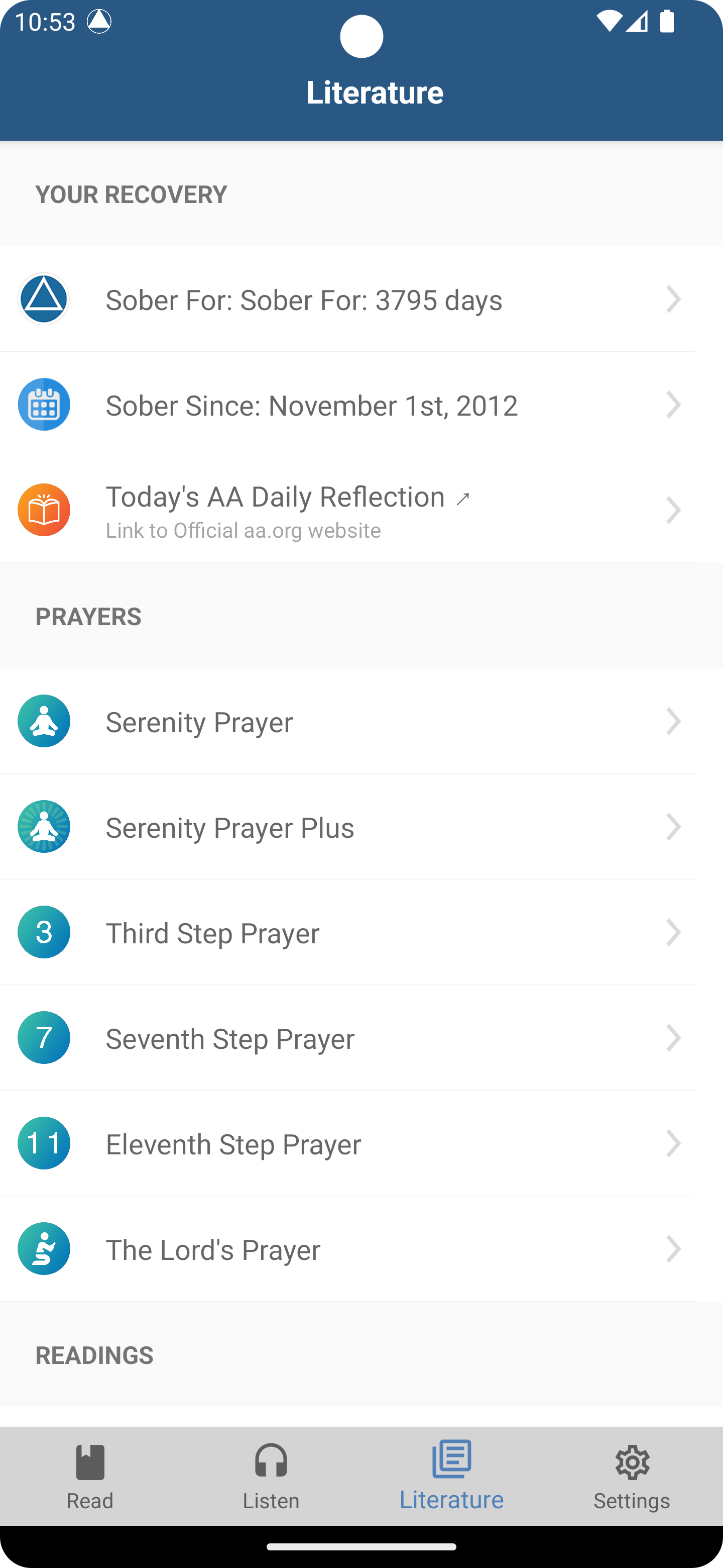 AA Big Book literature, chapters and prayers inside the app
